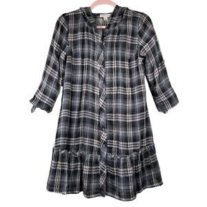 MONTEAU Blue Red Plaid 3/4 Sleeve Hooded Button Down Mini Dress Small
